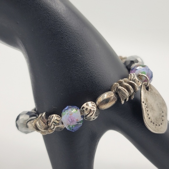 Floral Stretch Bracelet with Silver tone and Glass Beads Vintage - Picture 3 of 7